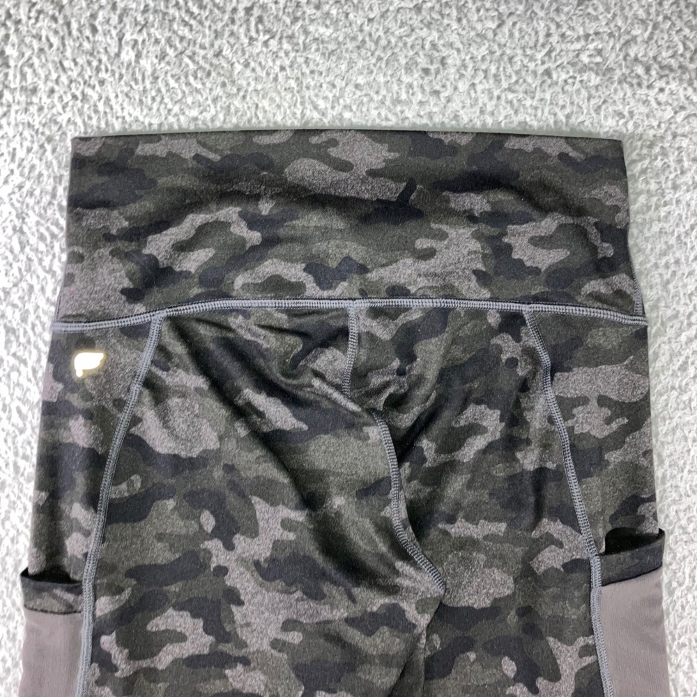 Fabletics Powerhold Leggings Small Gray Camo Full Length Pockets Outdoor Running